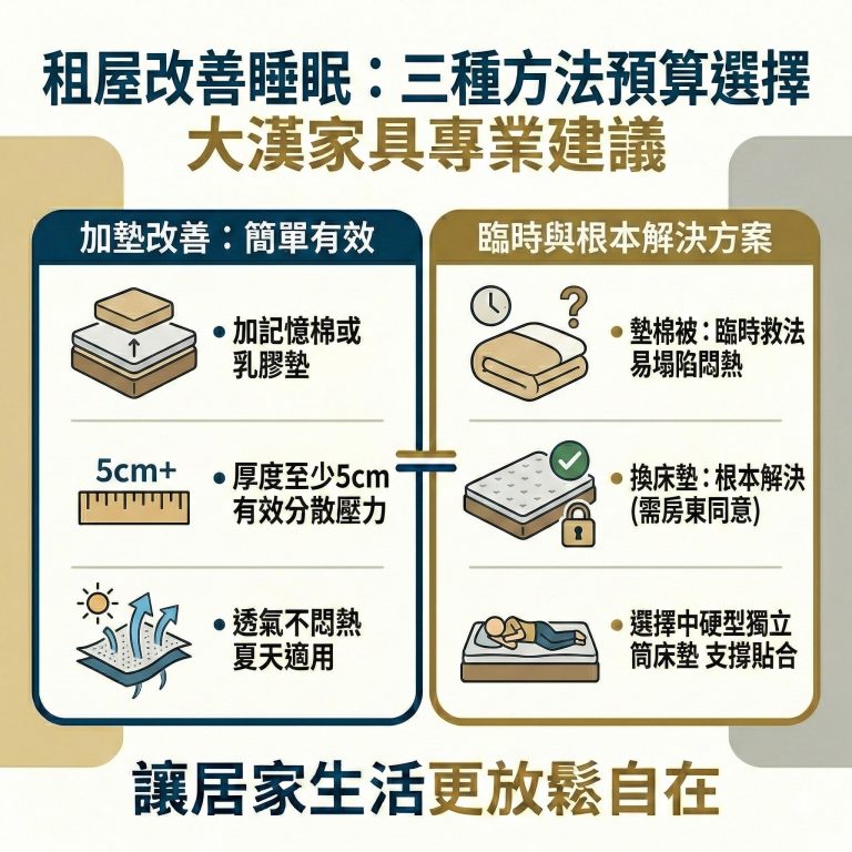 大漢家具建議，想要改善睡感，還是徵求房東同意後，換支撐好的獨立筒床墊最合適