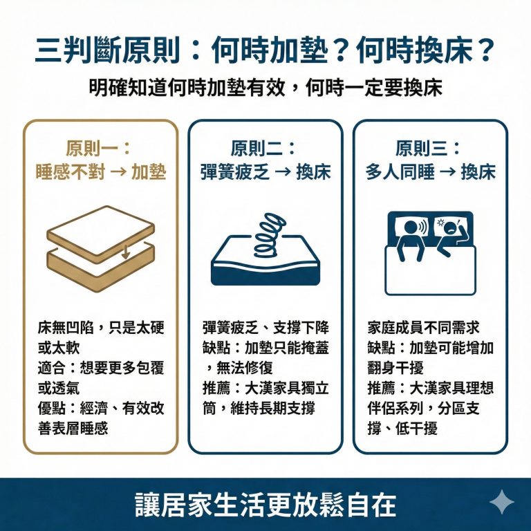 如果不確定要換床還是加墊就好，大漢家具建議可以考慮這三個狀況