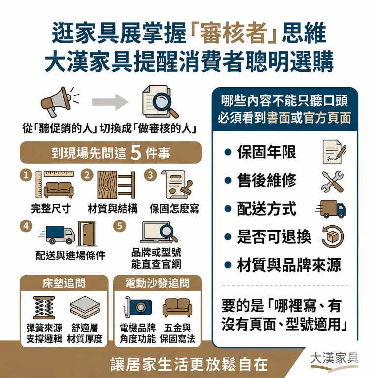 大漢家具提醒消費者，在家具展現場可以把自己當作「審核者」，不確定就先問這五件事