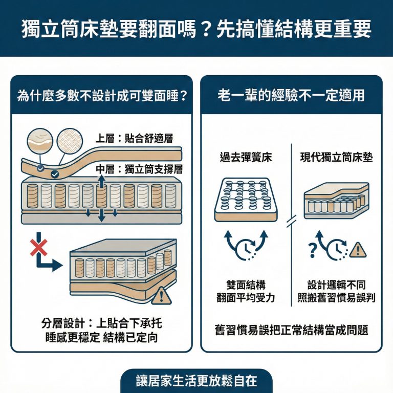 床墊要翻面才能睡得久基本上是基於過去傳統彈簧床得來的經驗，但這並不適用於多數的獨立筒床墊