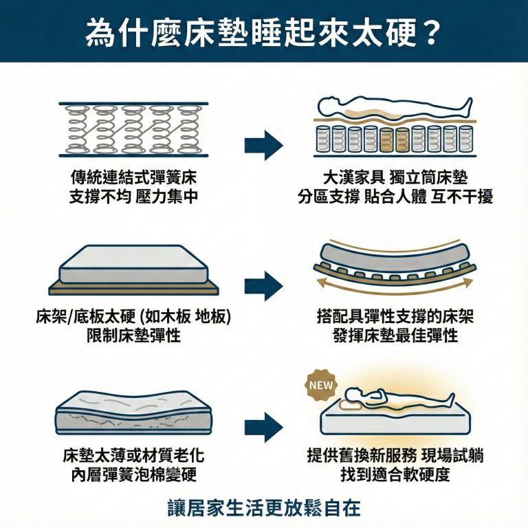 床太硬可能有這幾個原因，如果真的碰到了就來大漢家具挑一張新的獨立筒床墊吧