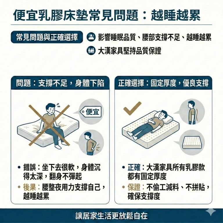 市面上有些廠牌會使用便宜乳膠，容易越睡越陷，大漢家具的乳膠厚度都是公開透明可供檢驗