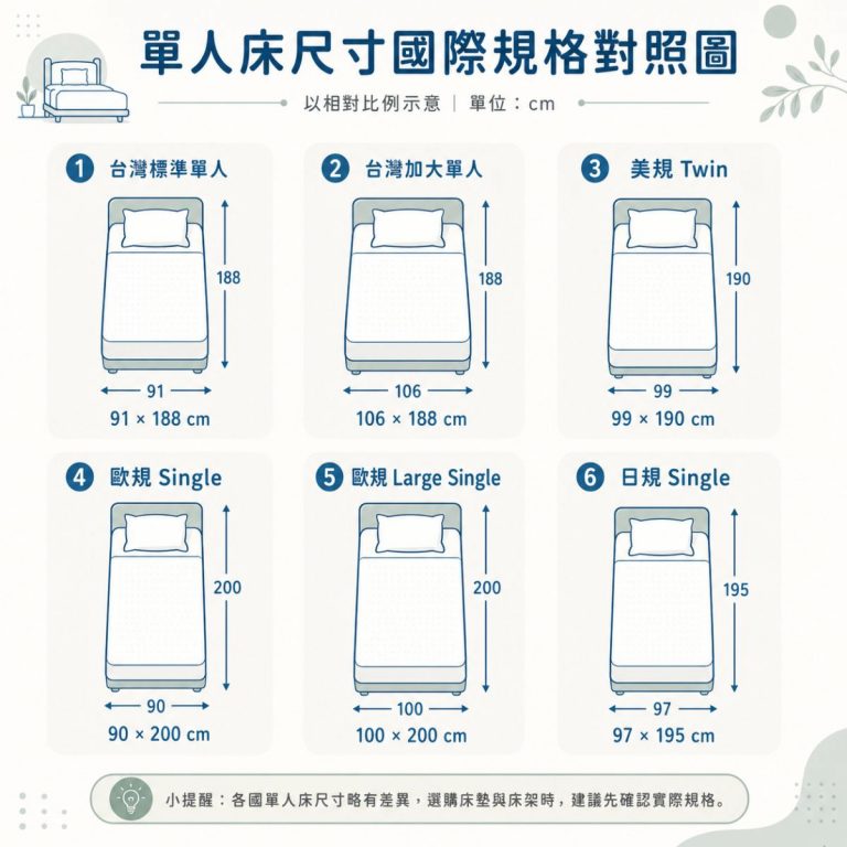單人床尺寸國際規格對照圖，以六張床墊示意圖並列比較台灣標準單人、台灣加大單人、美規 Twin、歐規 Single、歐規 Large Single、日規 Single 的常見寬度與長度尺寸。