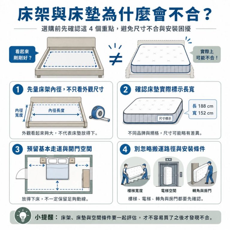 床架與床墊為什麼會不合的資訊圖表，以四個重點說明選購前應確認床架內徑、床墊實際尺寸、房間動線，以及搬運與安裝條件，避免買回家後才發現尺寸不合。
